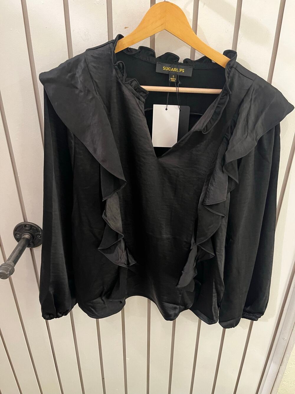 Sugar Lips Black Ruffle Blouse Size S
